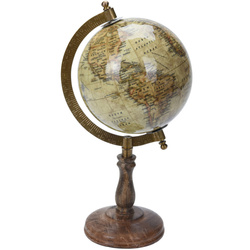 Dekoratív földgömb sárgaréz mérőpohárral és mangófa ​​alappal, 15,5 x 13 x 28 cm