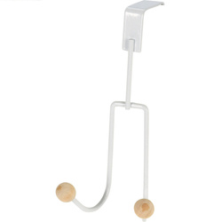 Fehér ajtóra akasztható fém akasztó, 2 fa gombbal ellátott horoggal, 19 x 9,5 x 10,5 cm