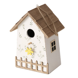 Fából készült KAMILLE madárodú, virágmintás, magassága 22 cm