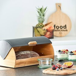 Bambusz kenyértartó fedéllel, 39 cm, ZELLER, fekete || bézs