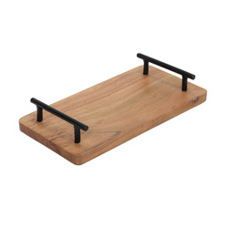 Akácfából készült tálca fém fogantyúkkal, 30 x 15 x 5 cm