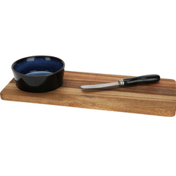 Deszka harapnivalók felszolgálásához, tálkával és késsel