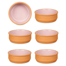 Agyagedények, mázas belsejű tálak, rózsaszínűek.