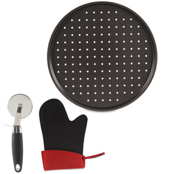 Pizza készlet: 32 cm átmérőjű tepsi, pizza vágó és kesztyű