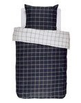 Sötétkék-fehér pamut szatén ágynemű, díszpárna, kockás ágynemű, Essenza