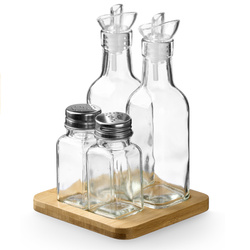 Fűszer- és olajtartó készlet fából készült alaplappal, 4 darabos