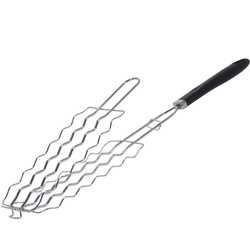 Hosszú, krómozott acél kolbász- és húsgrill rács.