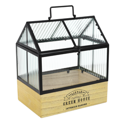 Mini üvegház otthoni használatra, fából készült alapzaton.