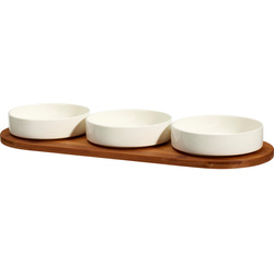 Porcelán falatozó tálkák készlete APERIO, 3 x 390 ml, bambusz tálca