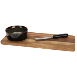 Deszka harapnivalók felszolgálásához, tálkával és késsel