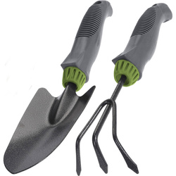 Fém kertészeti eszközök: kis lapát és gereblye