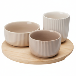 LINY kerámia tálkák szettje falatokhoz bambusz tálcán