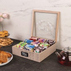 Fából készült teásdoboz, teásláda, 9 rekesszel, ZELLER