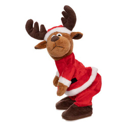 Táncoló rénszarvas Mikulás jelmezben, elemes figura, magassága 28 cm