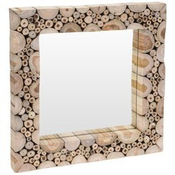Fali tükör fából készült keretben, négyzet alakú fali tükör - teakfa, 50 x 50 cm