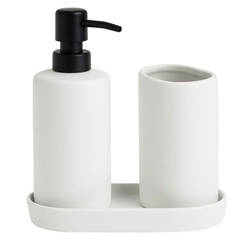 PLY fürdőszobai készlet, kerámia adagoló, bögre és tálca, fehér