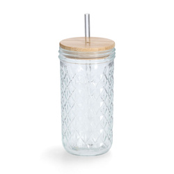 Fém szívószálas, bambusz fedeles, 580 ml-es pohár.