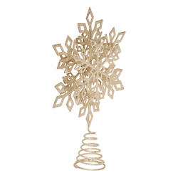 Fenyőfa csúcsdísz, csillogó hópehely, fém, 20 cm